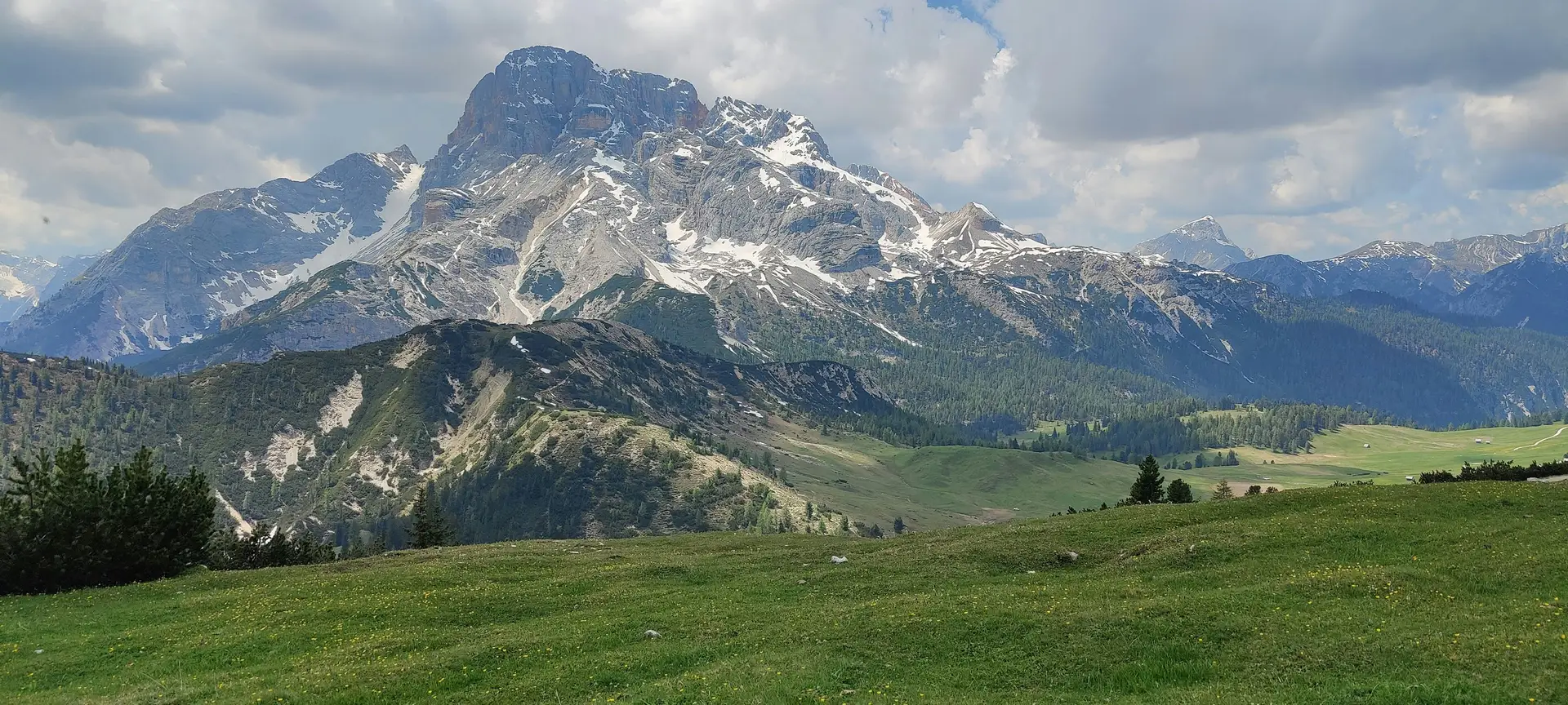 Alpenpanorama mit grüner Almwiese in der Grenzregion der DACH-Länder