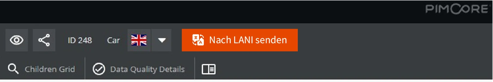 Werkzeugleiste in Pimcore mit dem orangen Button „Nach LANI senden“